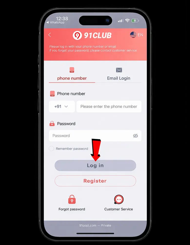 91 Club login screen