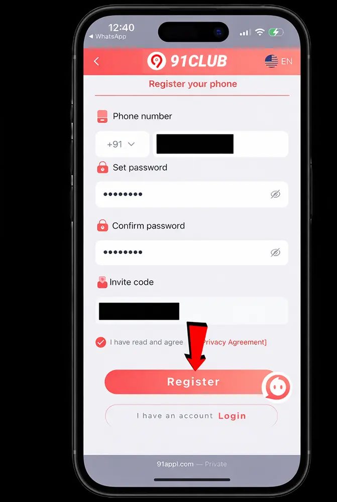 91 Club register screen